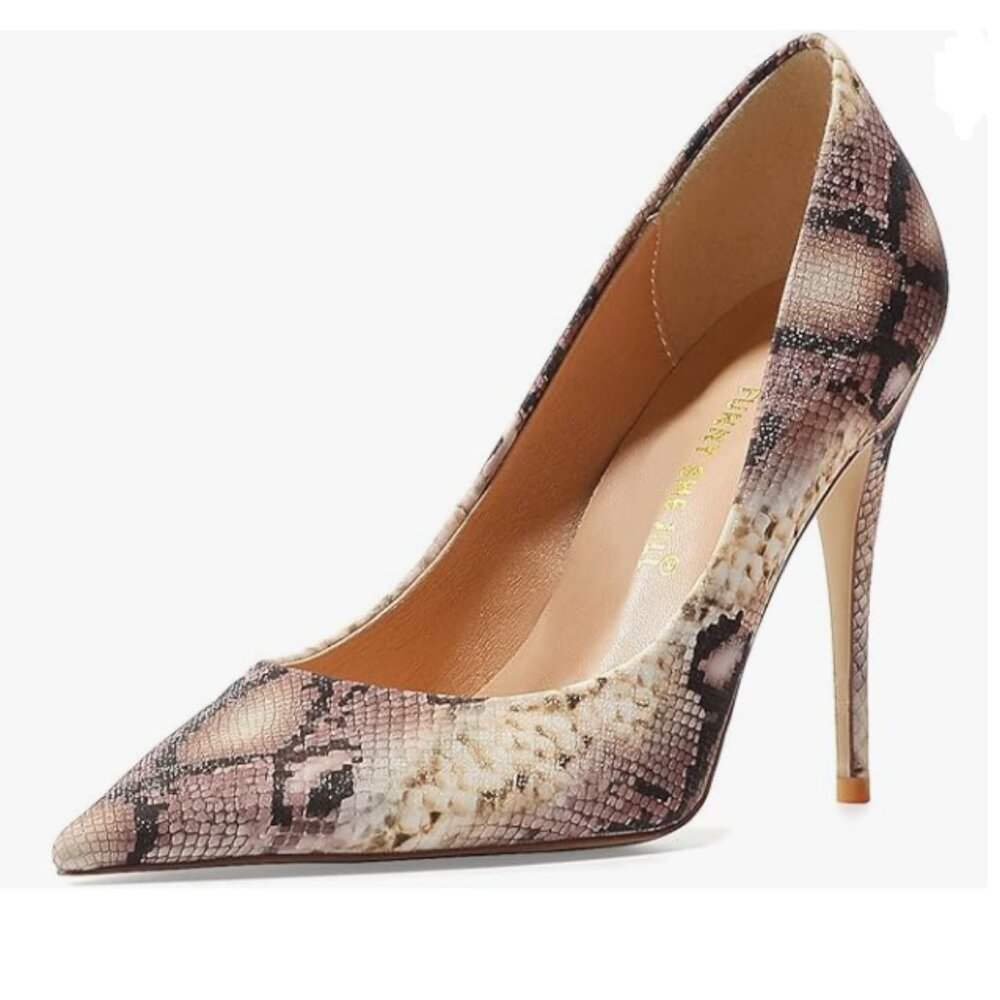 FSJ Women Classic Pointed Toe Snakeskin High Heels Pumps Slip on Dress Shoes